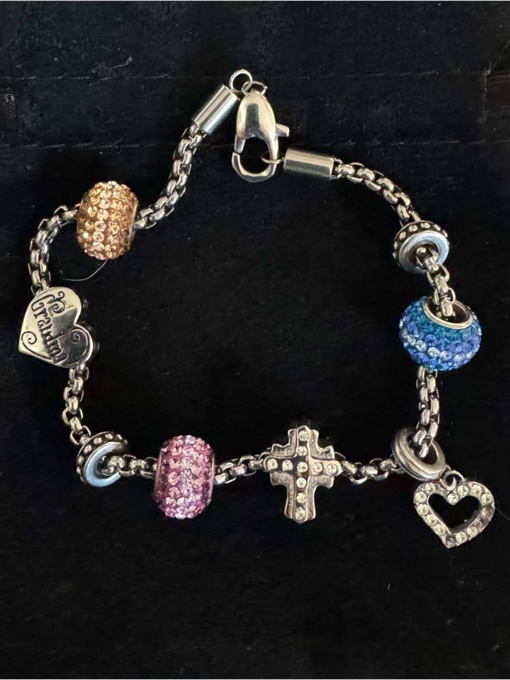 Pandora Silver Charm Bracelet with Pink, Blue & Gold Pavé Beads